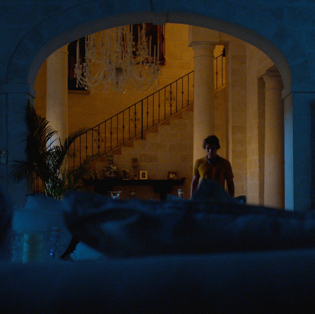 A person stands in a dimly lit, elegant room with stone arches, columns, a staircase, large chandelier, and indoor plants, creating a moody atmosphere.