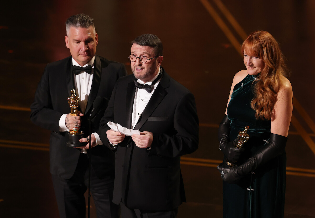(L-R) Jordan Samuel, Mike Hill, and Cliona Furey accept the Makeup and Hairstyling award for "Frankenstein" onstage during the 98th Oscars at Dolby Theatre on March 15, 2026 in Hollywood, California.
