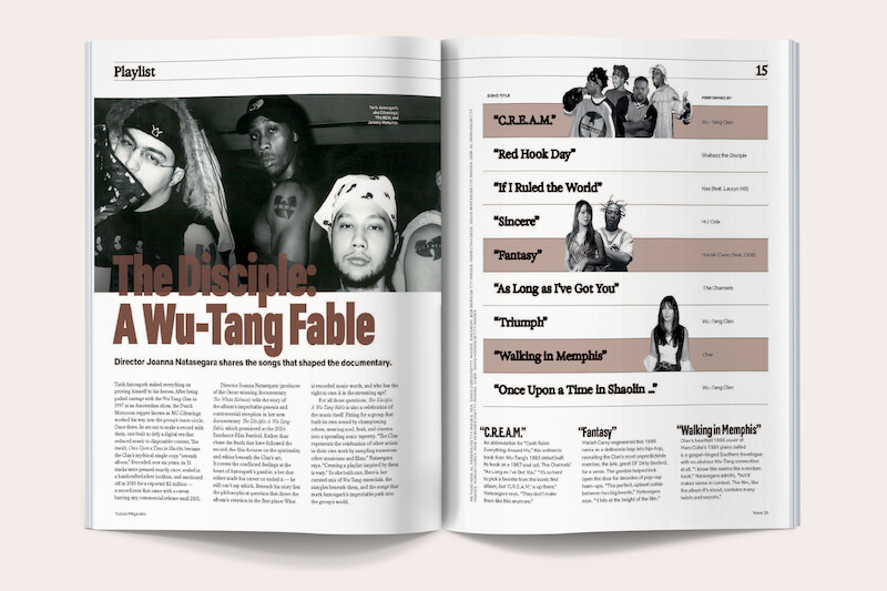 Magazine spread featuring a black-and-white photo of masked hip-hop artists, bold text reading "The Disciple: A Wu-Tang Fable," and a playlist of song titles with artist images on a white background.