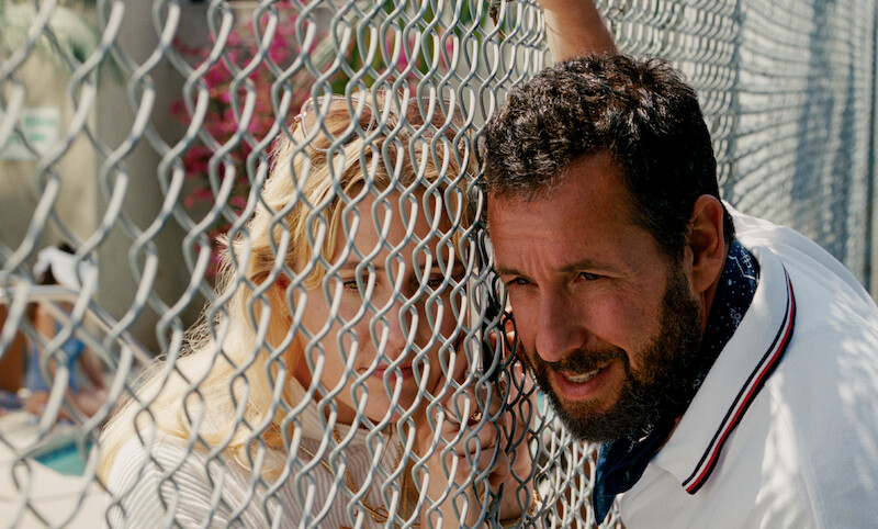 Greta Gerwig as Lois Sukenick and Adam Sandler as Ron Sukenick in 'Jay Kelly.'
