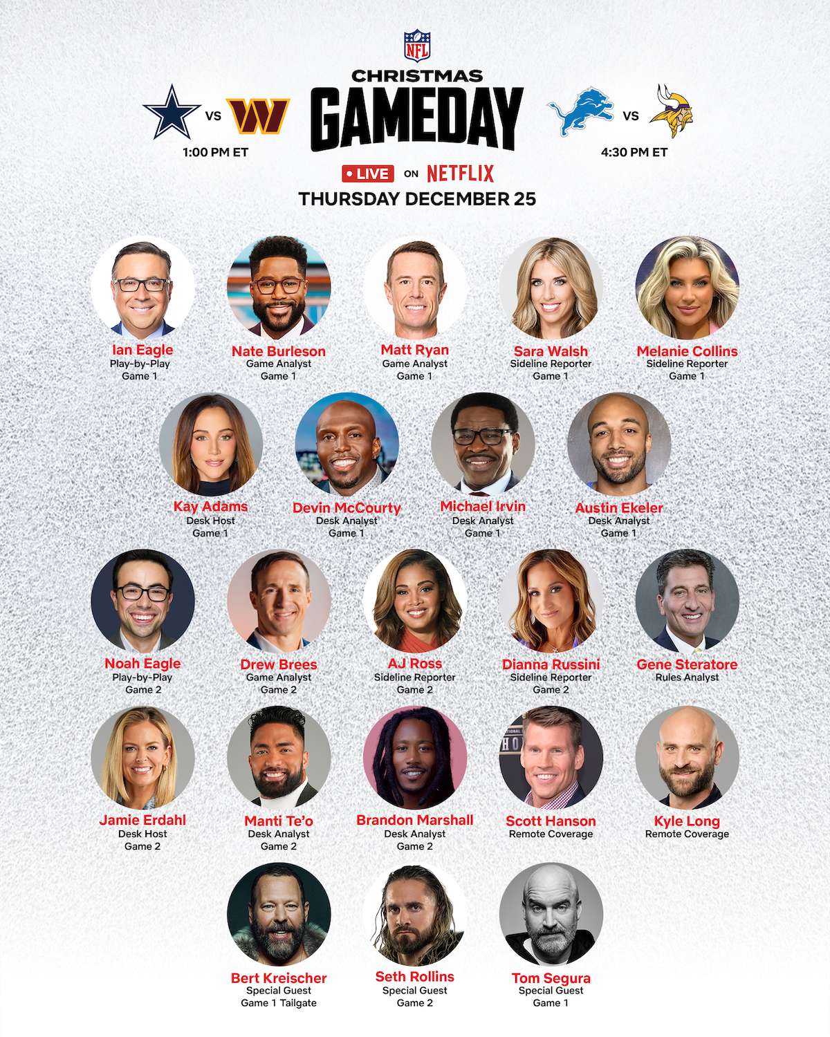 NFL Christmas Gameday promo: announcers, analysts, and hosts portraits in a festive design with team matchups, Netflix branding, and game times, energetic mood, white background, event details for December 25.