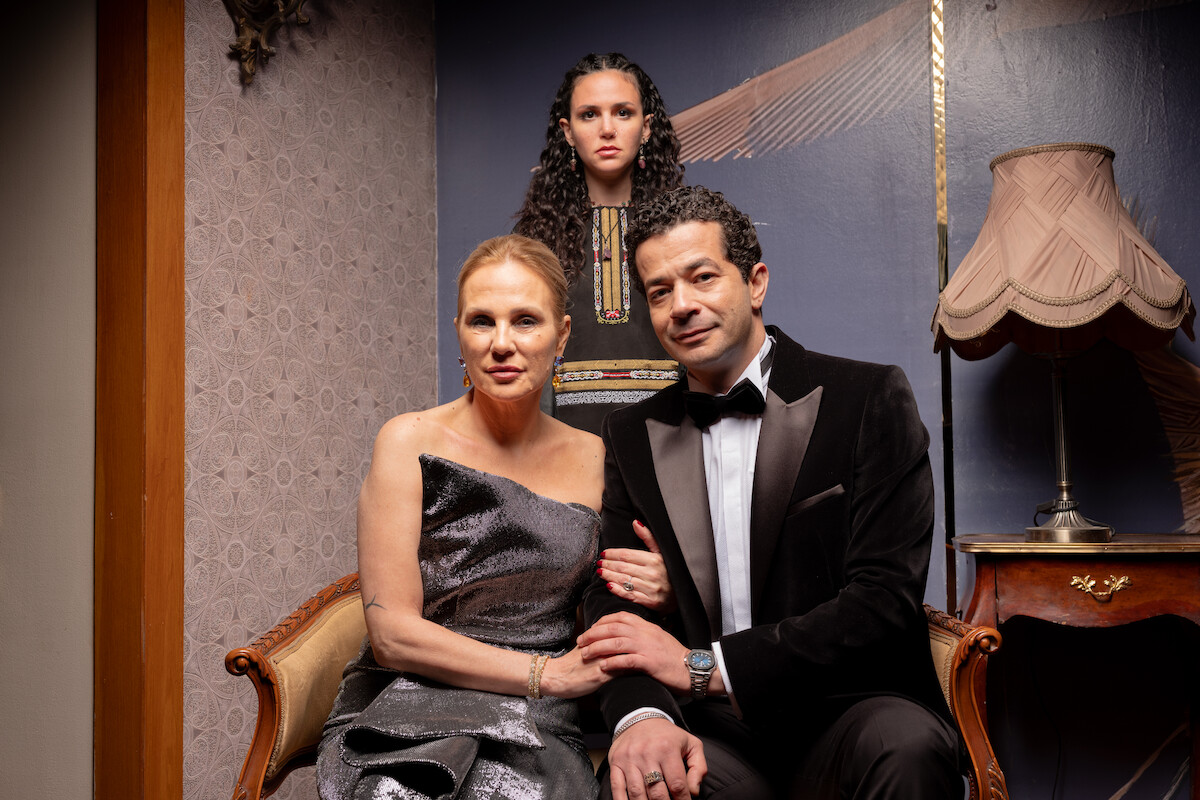 Shereen Reda, Rakeen Saad, and Sherif Salama sit together wearing formal clothing in ‘Echoes of the Past’