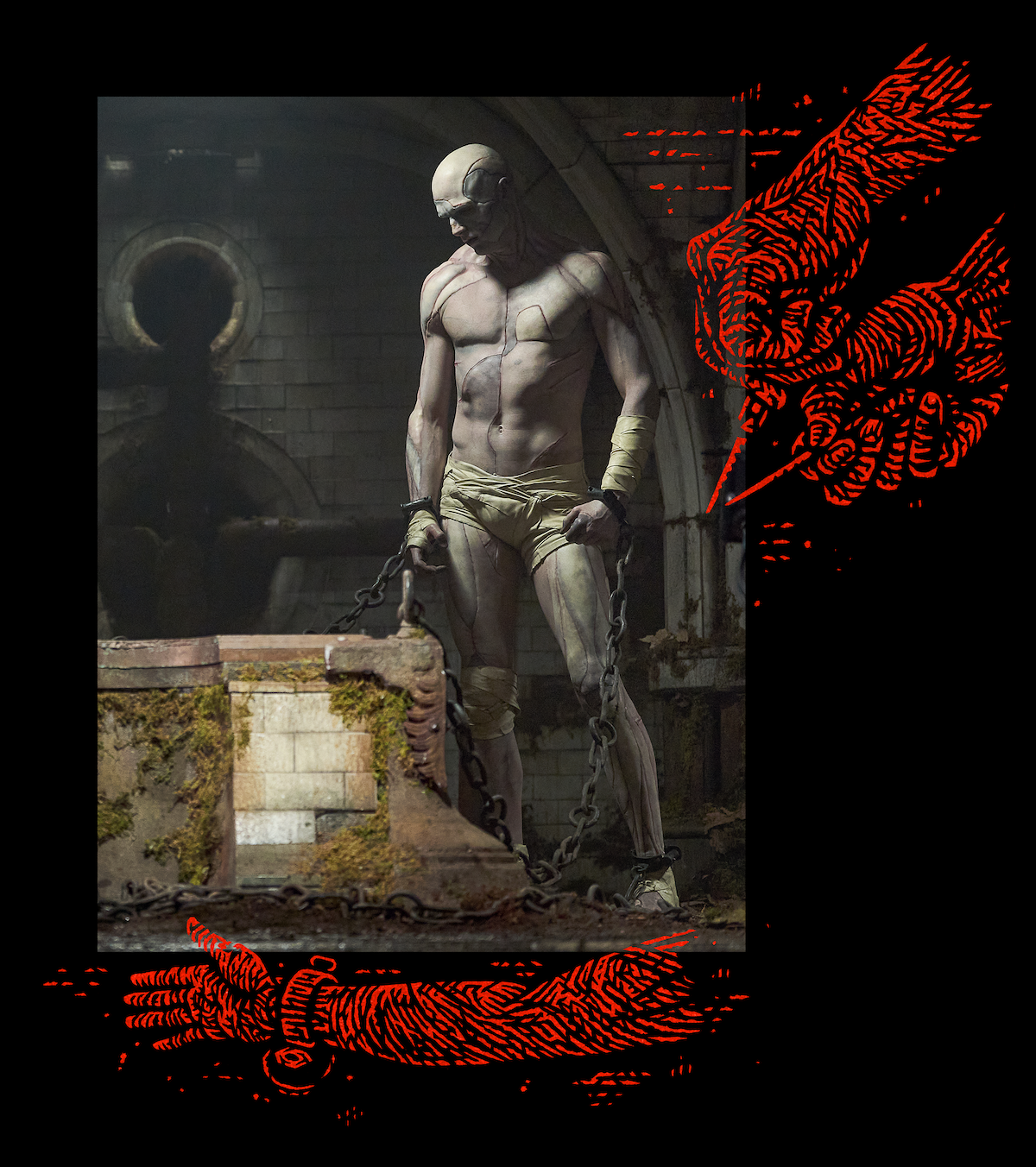 Uma figura humanoide de pele pálida e com pouca roupa aparece acorrentada em um ambiente industrial escuro e decadente, criando um clima sombrio e assombroso. Ilustrações vermelhas de mãos emolduram a imagem, dando um toque surreal à cena.