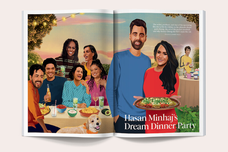 Illustration of a diverse group of people at a garden dinner party at sunset with string lights, food on the table, a yellow dog, and Hasan Minhaj with a woman holding a platter; festive and outdoor atmosphere.