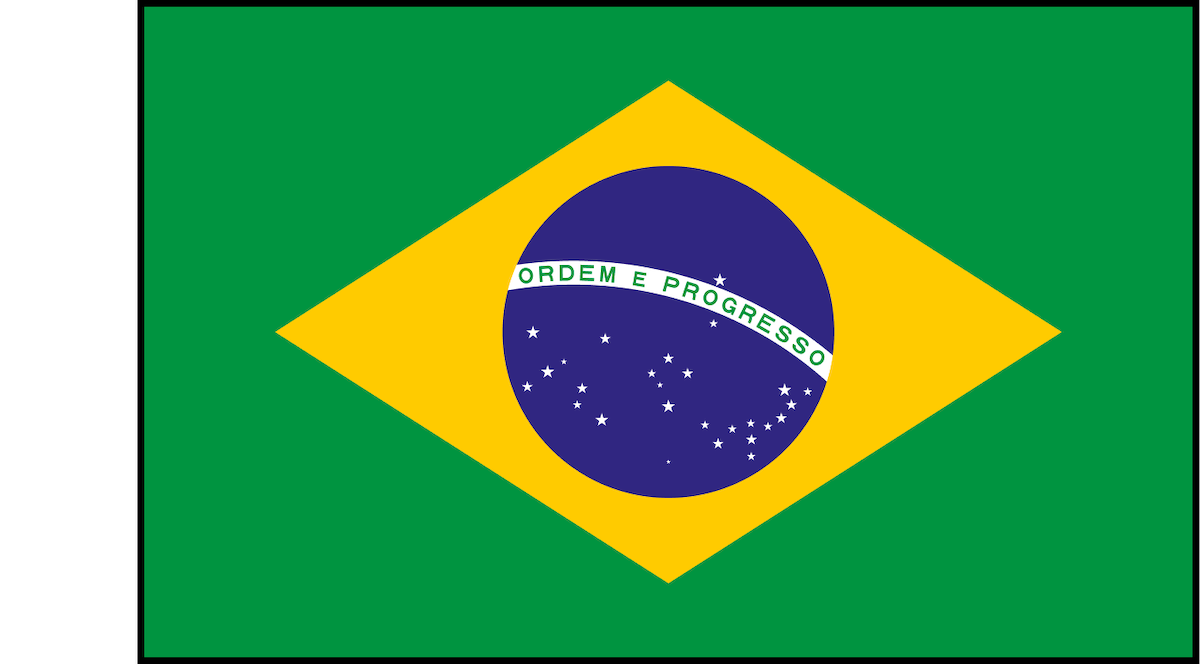 Brazilian flag with a green background, yellow diamond, blue globe with white stars, and a banner reading "Ordem e Progresso" at the center.