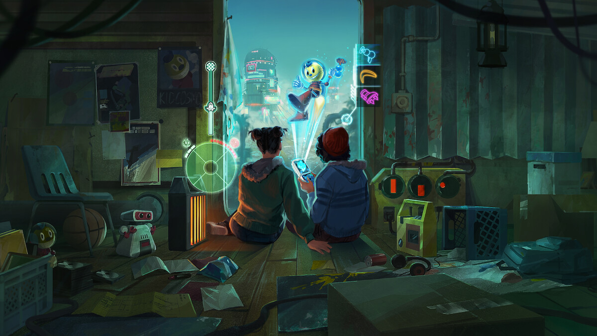Two kids sit in a cluttered room, playing on a handheld console as a holographic Kid Cosmo and game interface project into a futuristic cityscape beyond an open doorway, blending reality with the game world.