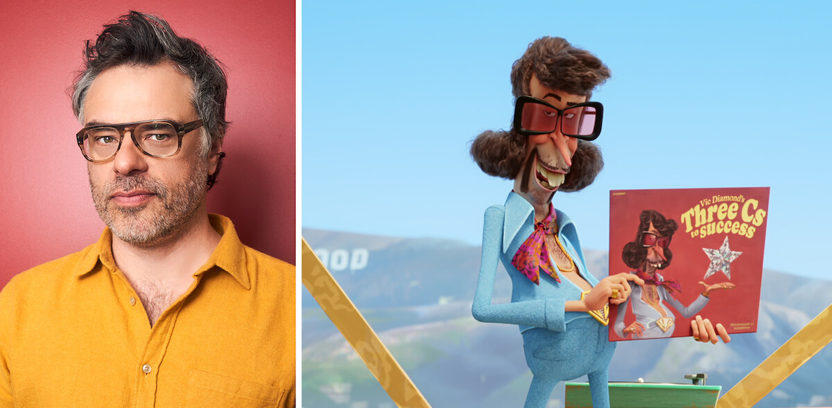 L: Jermaine Clement, R: Vic DIamond holds up a record in ‘Thelma the Unicorn.’