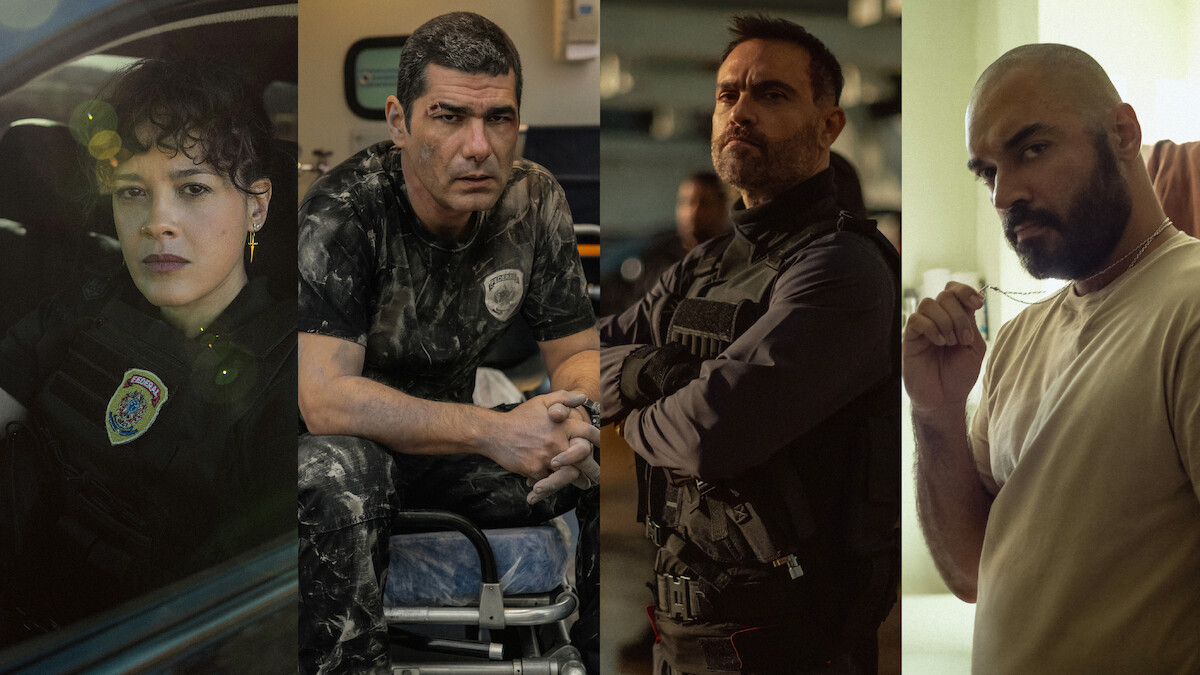 Four intense characters from a crime drama, each shown in separate frames with serious expressions, wearing tactical or casual clothing.