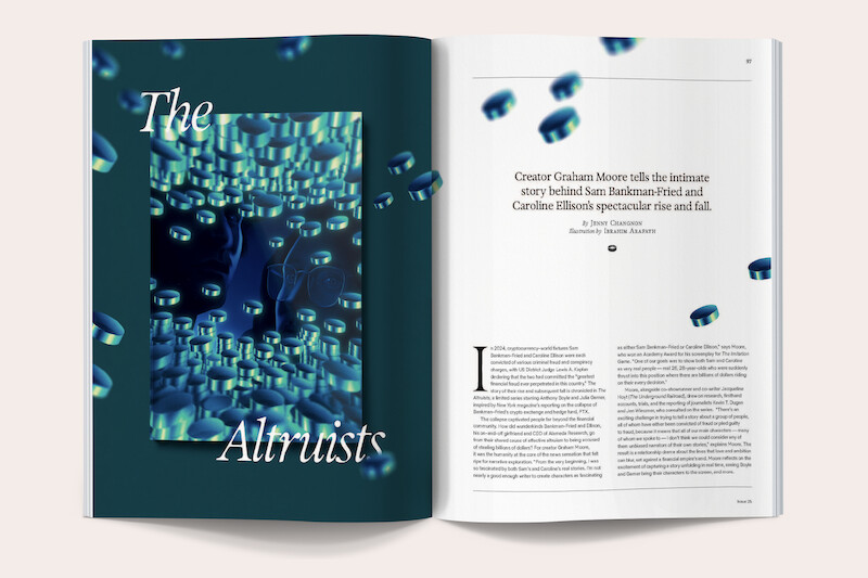 Magazine spread featuring an abstract blue and green illustration with floating capsules and the title "The Altruists" on the left page, and editorial text about Sam Bankman-Fried and Caroline Ellison on the right page.