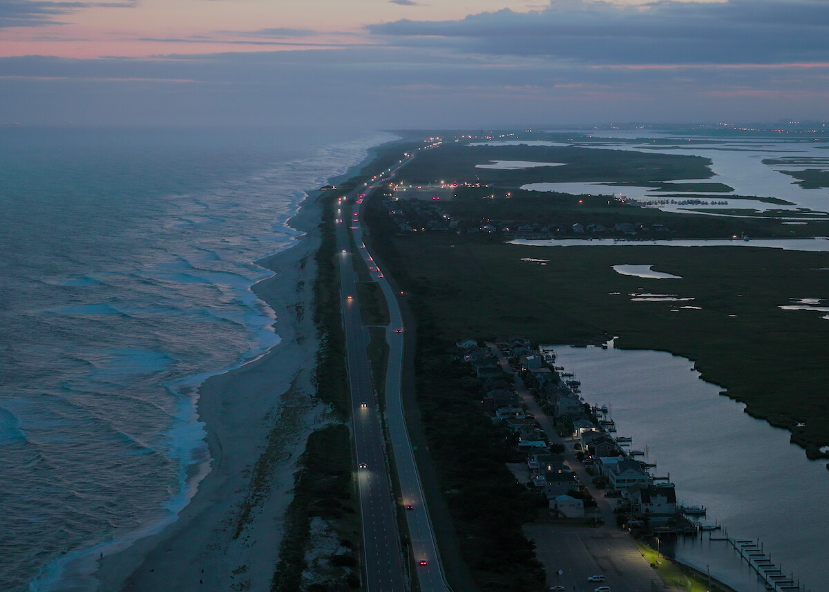 Overhead shot of a stretch of road along the coast of Long Island