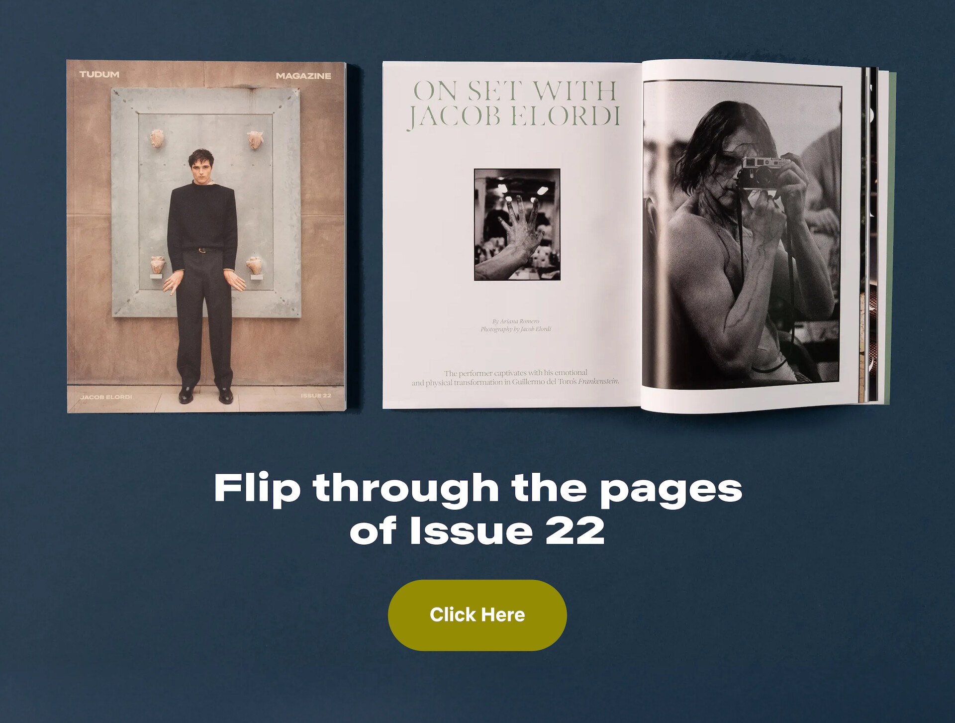 Three magazine pages on a dark blue surface; left page shows a person posing, center has text "On Set with Jacob Elordi" and black-and-white photo, right page displays a muscular person taking a photo. Text below invites browsing Issue 22.
