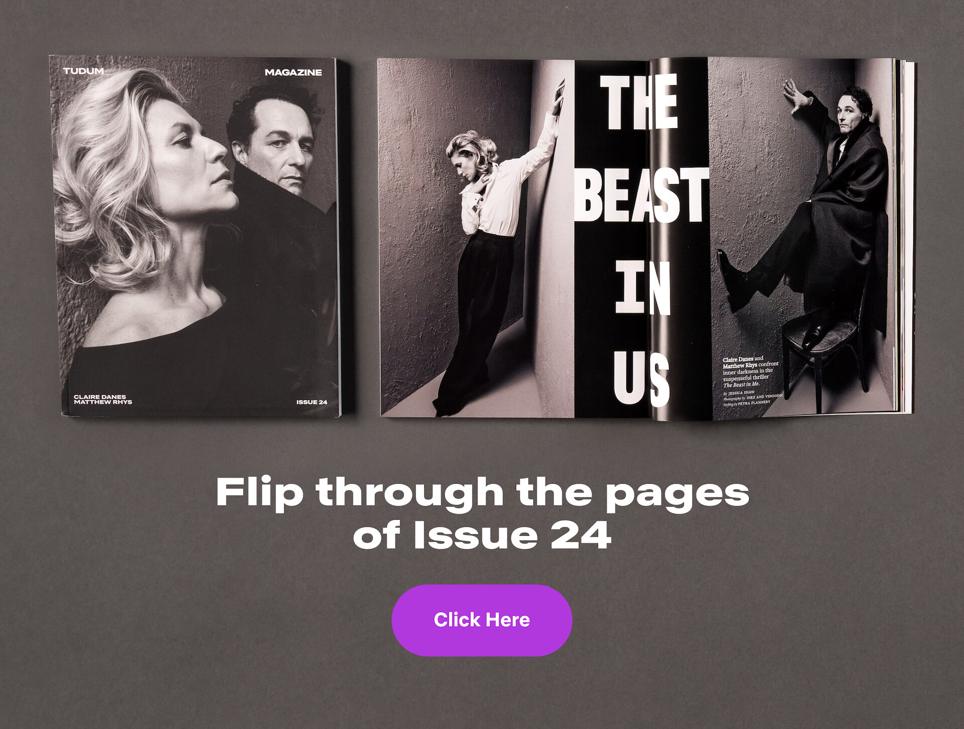 Two fashion magazines on a gray background, one closed with two people on the cover, one open with dramatic black-and-white photos and bold text. Below, white text invites viewers to flip through Issue 24, with a purple "Click Here" button.
