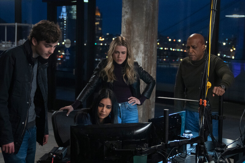 Cal (Ty Doran), Saanvi (Parveen Kaur), Michaela (Melissa Roxburgh) and Vance (Daryl Edwards) in Season 4 of Manifest.