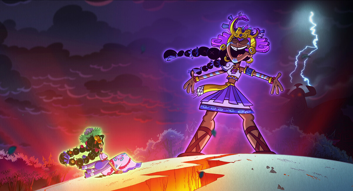 Punguari stands in front of her mother in an image from the animated film ‘The Casagrandes Movie.’