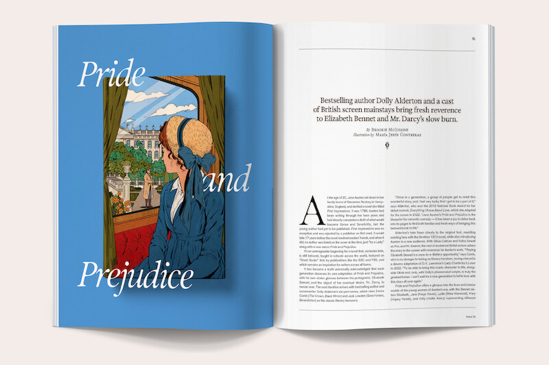 Illustration of a woman in historical attire sitting by a window, gazing outside at a manor and gardens; on the left page with “Pride and Prejudice” text. Right page shows an article with introduction and columns of text.