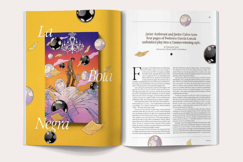 Magazine spread featuring an illustrated page with a reclining figure, floating papers, black billiard balls, and a chandelier, with Spanish text "La Bola Negra" on a yellow background; adjacent page has an article with text and similar illustrations.