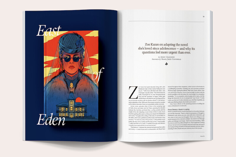 Magazine spread with an illustrated portrait of a stern woman in vintage attire and glasses above a house at sunset labeled "East of Eden" on the left, and an article about Zoe Kazan adapting the novel on the right.