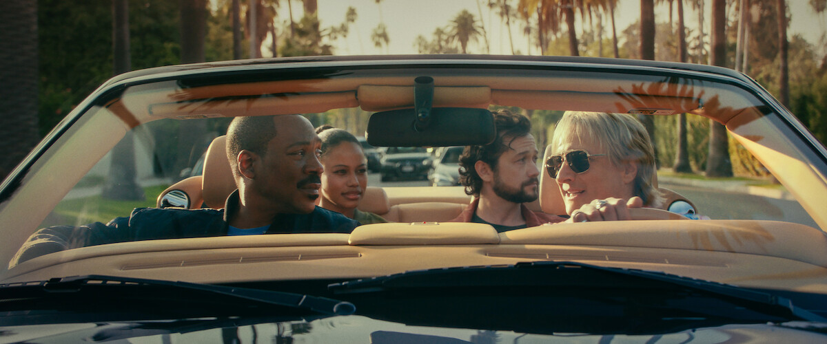 Eddie Murphy as Axel Foley, Taylour Paige as Jane Saunders, Joseph Gordon-Levitt as Detective Bobby Abbott, and Bronson Pinchot as Serge in ‘Beverly Hills Cop: Axel F.’