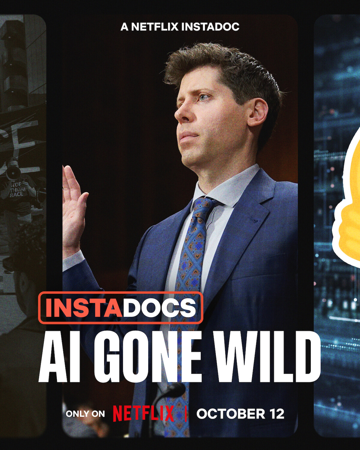 A man in a suit stands in a formal setting, possibly a courtroom or hearing, with text promoting a Netflix documentary called "AI Gone Wild," premiering October 12, surrounded by tech and historical imagery.