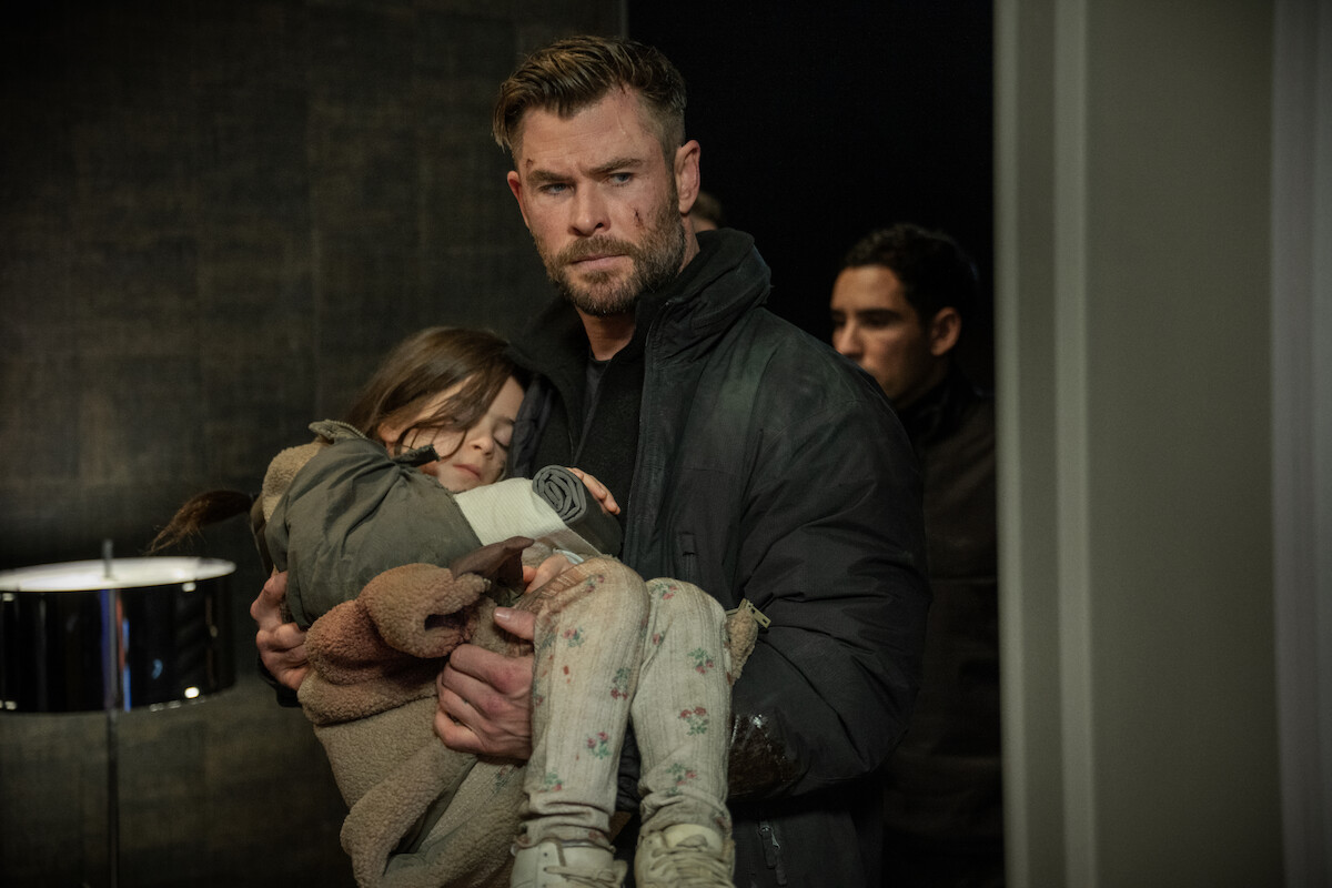 Chris Hemsworth as Tyler Rake, Miriam and Marta Kovziashvili as Nina and Adam Bessa as Yaz Khan in ‘Extraction 2’. 