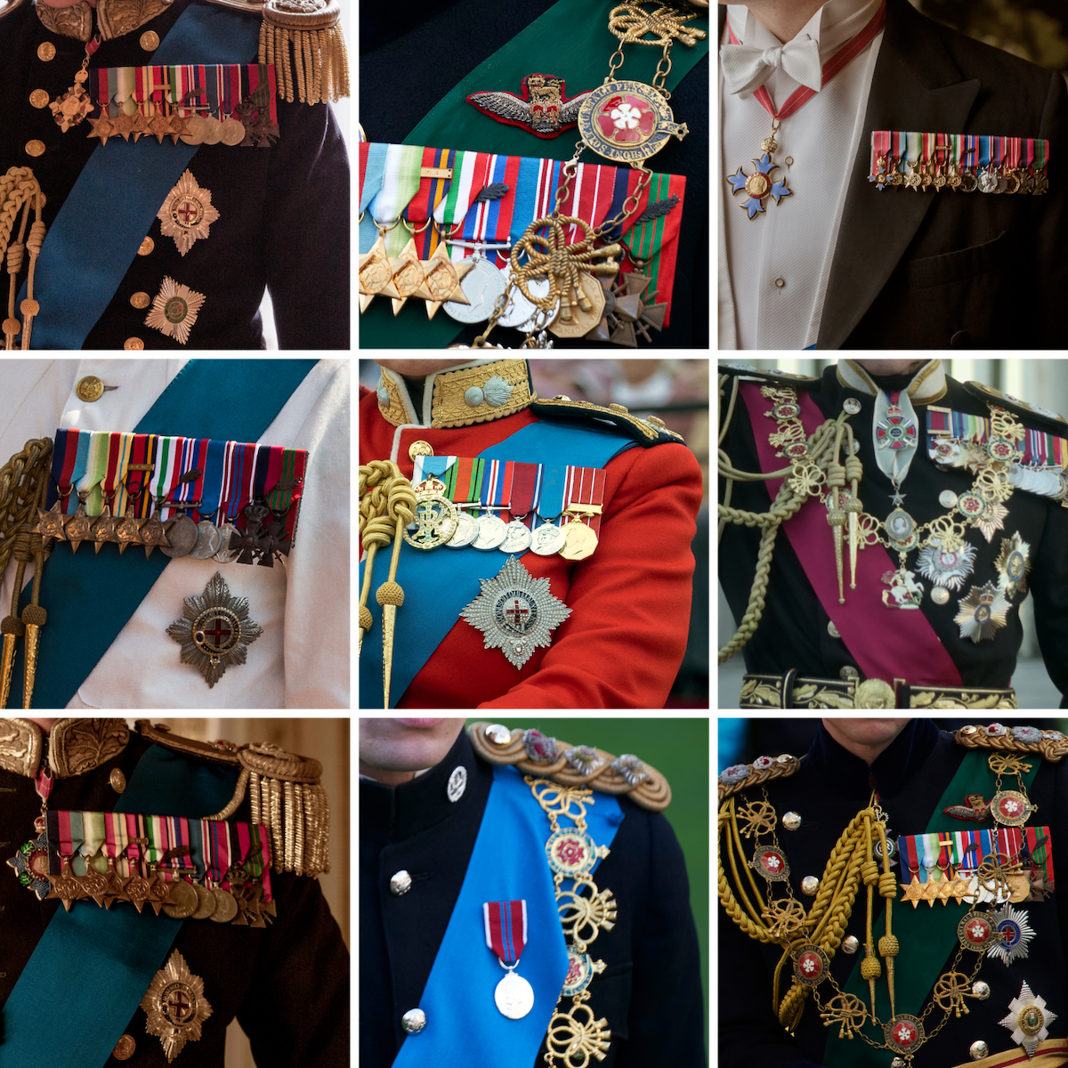 Collage of 9 close-up images of medals worn throughout ‘The Crown’