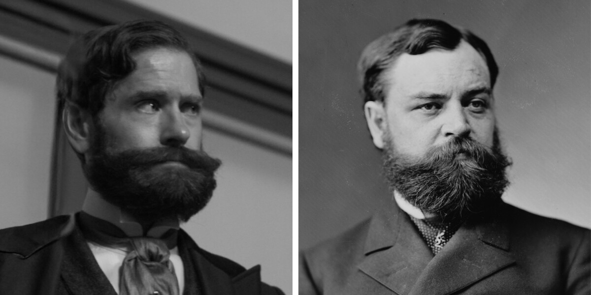 Two men with thick beards and mustaches in black-and-white portraits, both wearing formal clothing, set against simple indoor backgrounds, evoking a serious and historic mood.