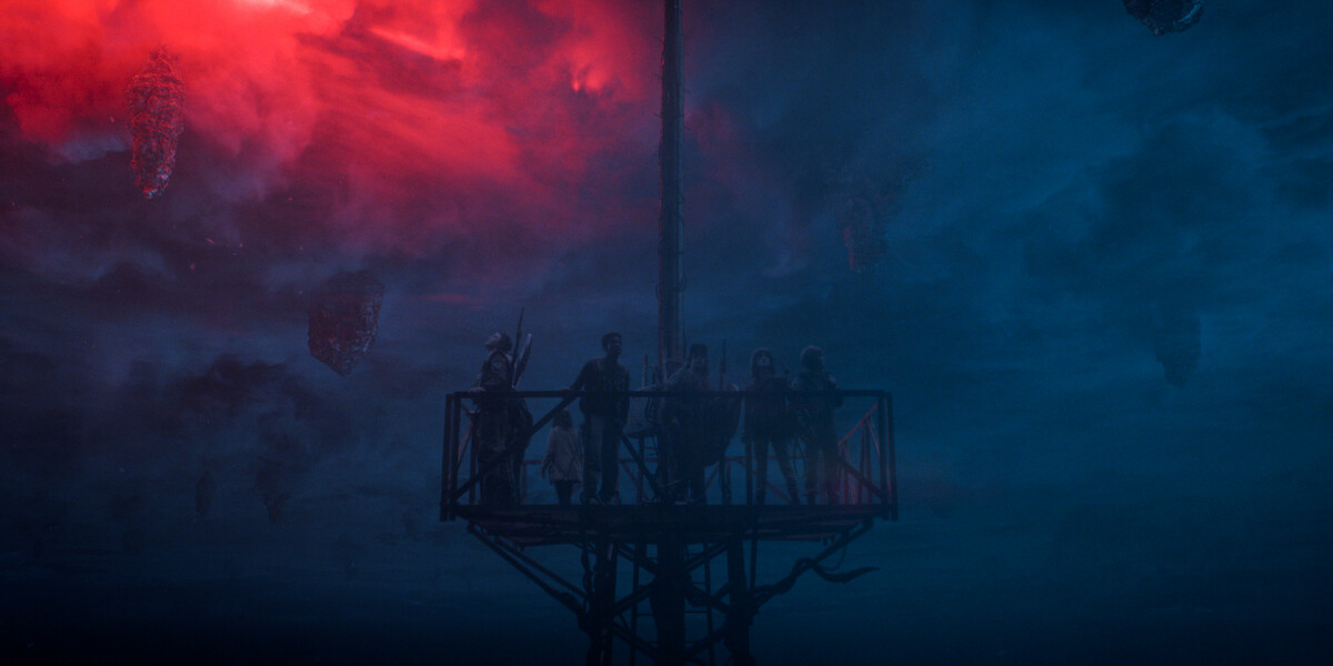 Joe Keery as Steve, Caleb McLaughlin as Lucas, Gaten Matarazzo as Dustin, Natalia Dyer as Nancy, and Charlie Heaton as Jonathan in ‘Stranger Things 5’