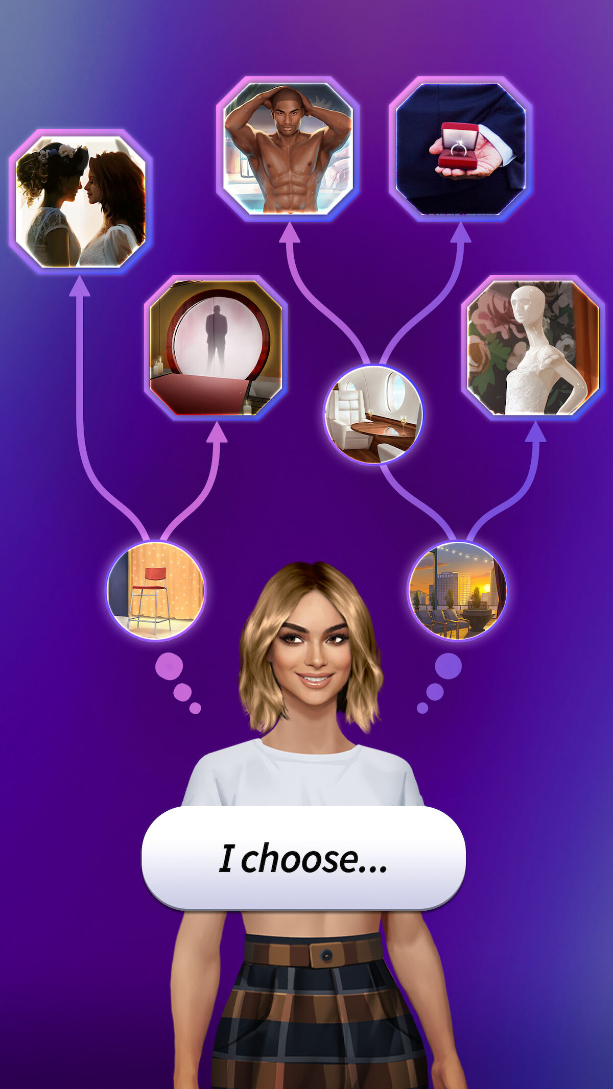 An in-game screenshot from the mobile game ‘Netflix Stories: Love Is Blind’, featuring a blonde-haired woman considering her dating options. There is a text bubble that reads “I choose…”