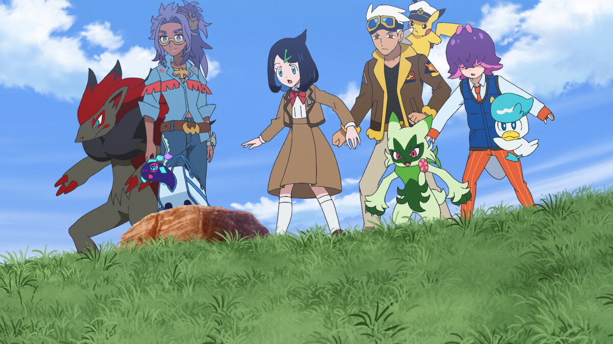 Animated still featuring a group of characters from 'Pokémon Horizons S2: The Search for Laqua''
