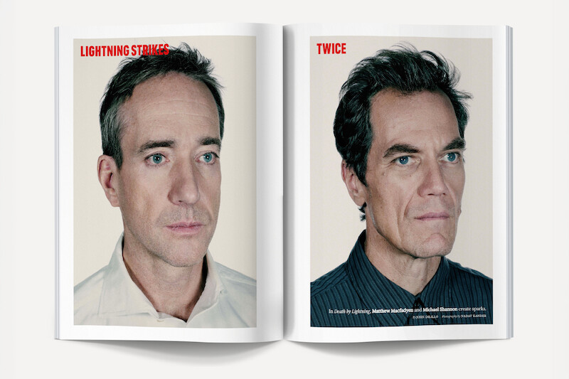 Magazine spread with headshot portraits of two men on white background, text above left photo says "LIGHTNING STRIKES," above right photo says "TWICE." Both appear serious, neutral setting, minimalist layout.