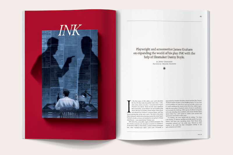 Magazine spread with a red left page featuring the word INK, silhouettes of two men facing each other over a person at a desk, and a right page with an article about James Graham and his play with clean black text on white.