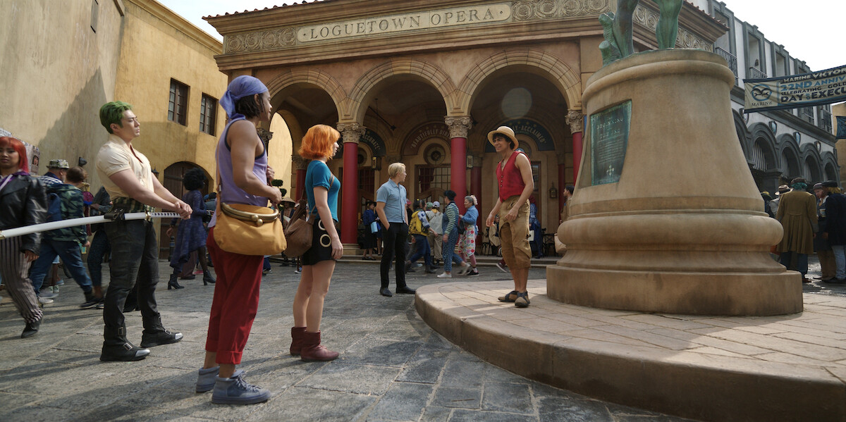 Mackenyu as Roronoa Zoro, Jacob Romero as Usopp, Emily Rudd as Nami, Taz Skylar as Sanji, and Iñaki Godoy as Monkey D. Luffy in ‘ONE PIECE’ Season 2.