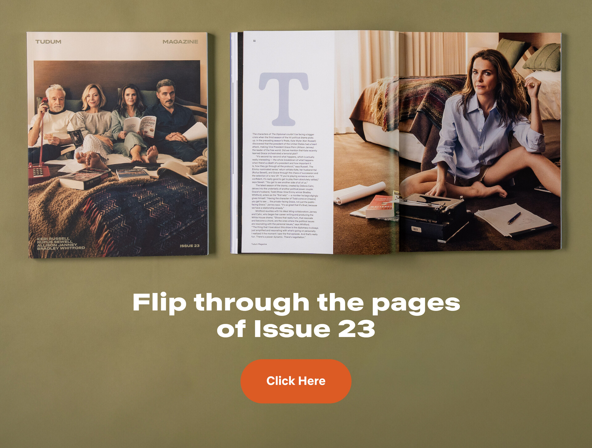 Two open magazines on a green surface; one cover shows four people sitting on a bed, and the other features a woman seated on the floor by a bed. Text below invites readers to flip through Issue 23 and click a button.