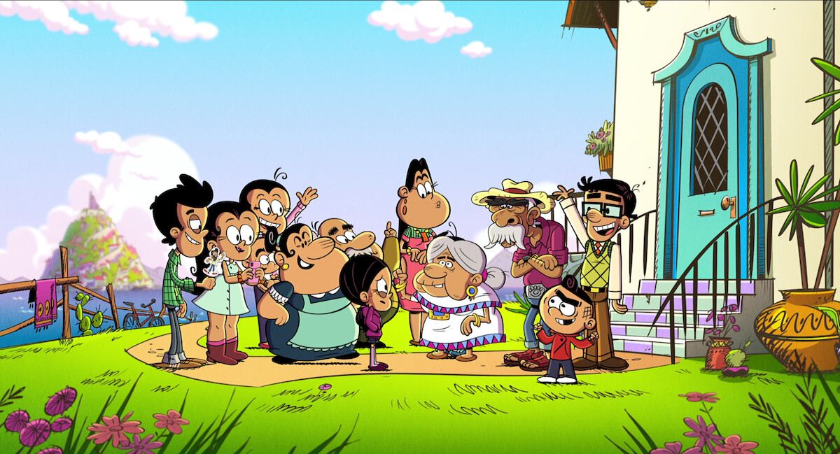 Ronnie Anne stands with her large family outside of a home in Mexico in an image from the animated film ‘The Casagrandes Movie.’