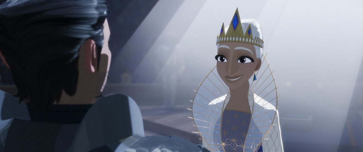 The Queen smiles at Ballister Boldheart in a still from ‘Nimona.’