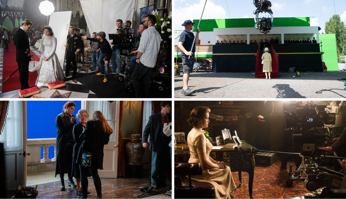 Collage of 4 behind the scenes photos showing the actors on the set of ‘The Crown’