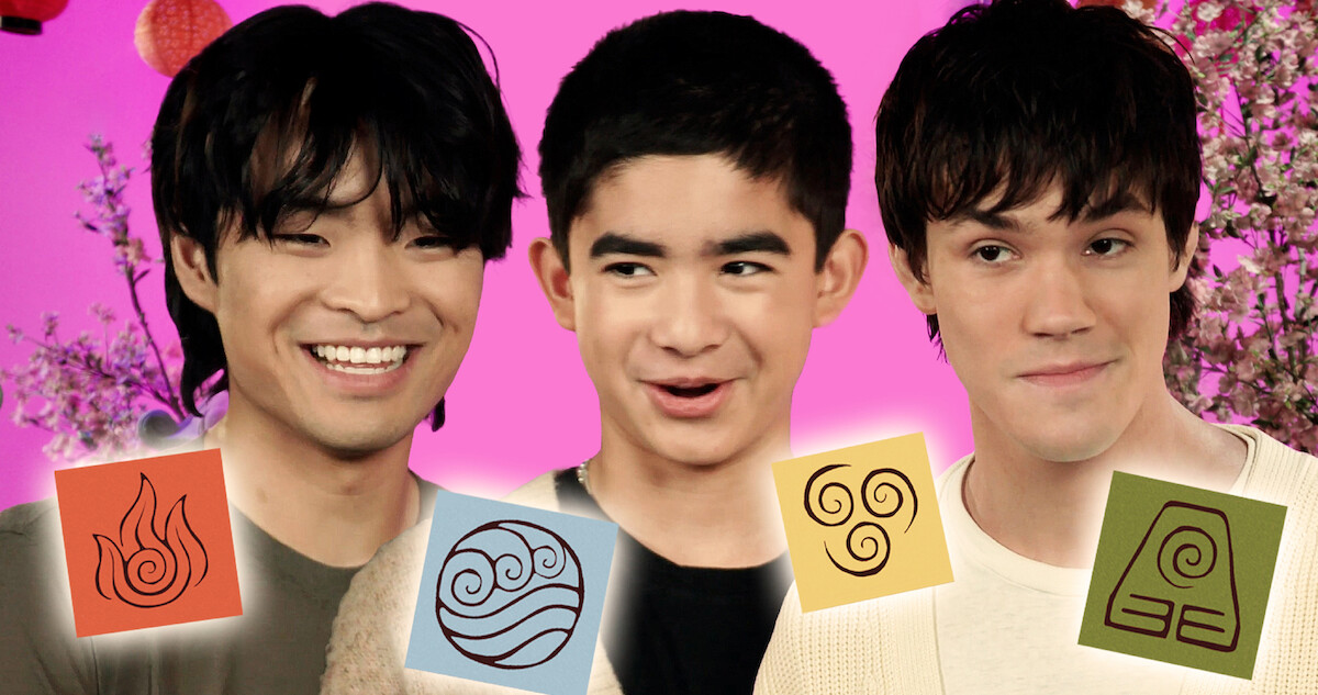 Dallas Liu, Gordon Cormier, and  Ian Ousley against a pink background for season 1 of 'Avatar: The Last Airbender'