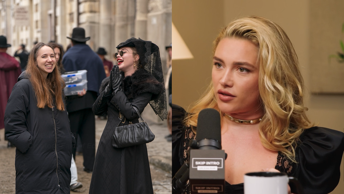 Split screen of Zoe Kazan and Florence Pugh as Cathy Ames in and out of character in an interview about East of Eden on the Skip Intro podcast.