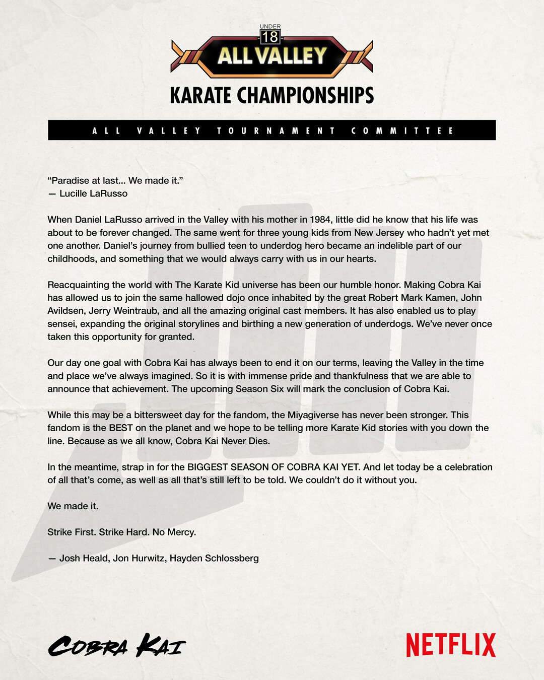 Letter from the creators of ‘Cobra Kai’