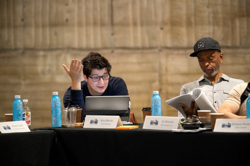 Ken Marino as Harry Hollinger and Al Mitchell as Rollie Bridgewater at the table read for The Residence. 
