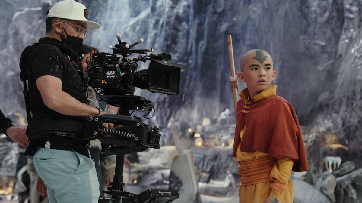 Behind the scenes shot of Gordon Cormier as Aang working on set in season 1 of 'Avatar: The Last Airbender'