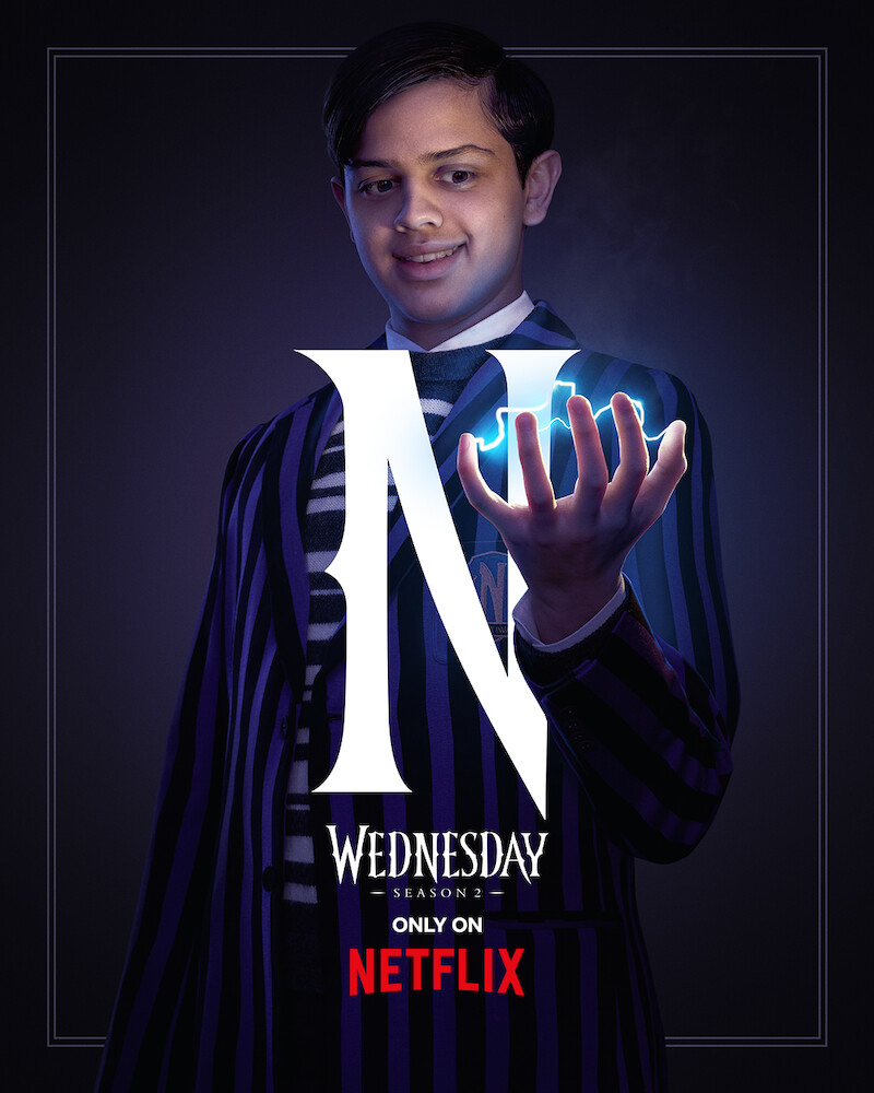 Key Art for 'Wednesday' Season 2 featuring Isaac Ordonez as Pugsley Addams.
