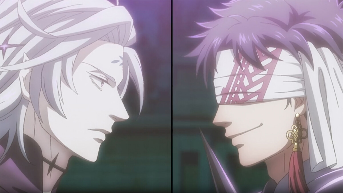 Animated split screen of two men facing each other in 'Record of Ragnarok III'