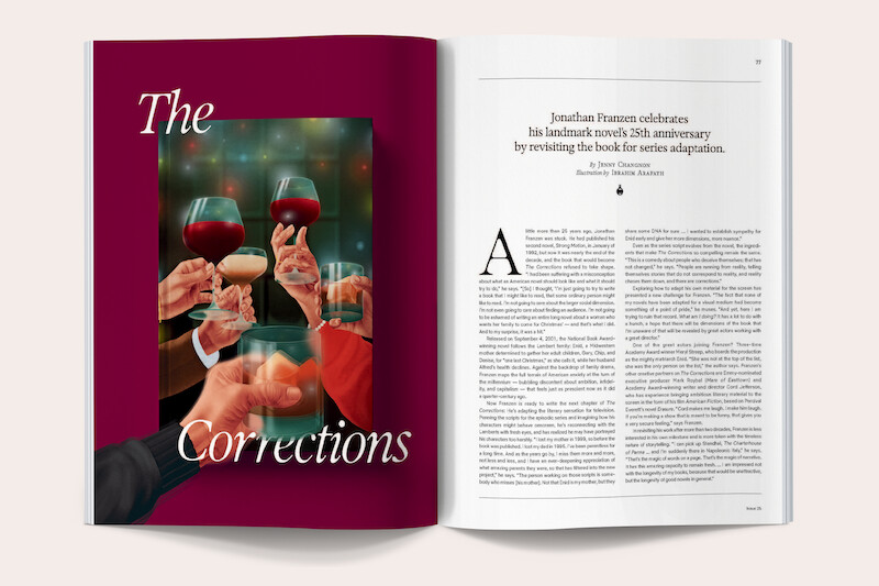 Magazine spread with a cover image of hands toasting various drinks, festive setting, and an article about Jonathan Franzen’s novel "The Corrections" and its 20th anniversary TV adaptation.