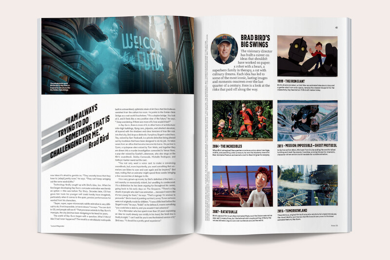 A magazine spread featuring a quote, text about director Brad Bird, and images from his films, including animated and live-action scenes, set in a modern, well-lit layout.