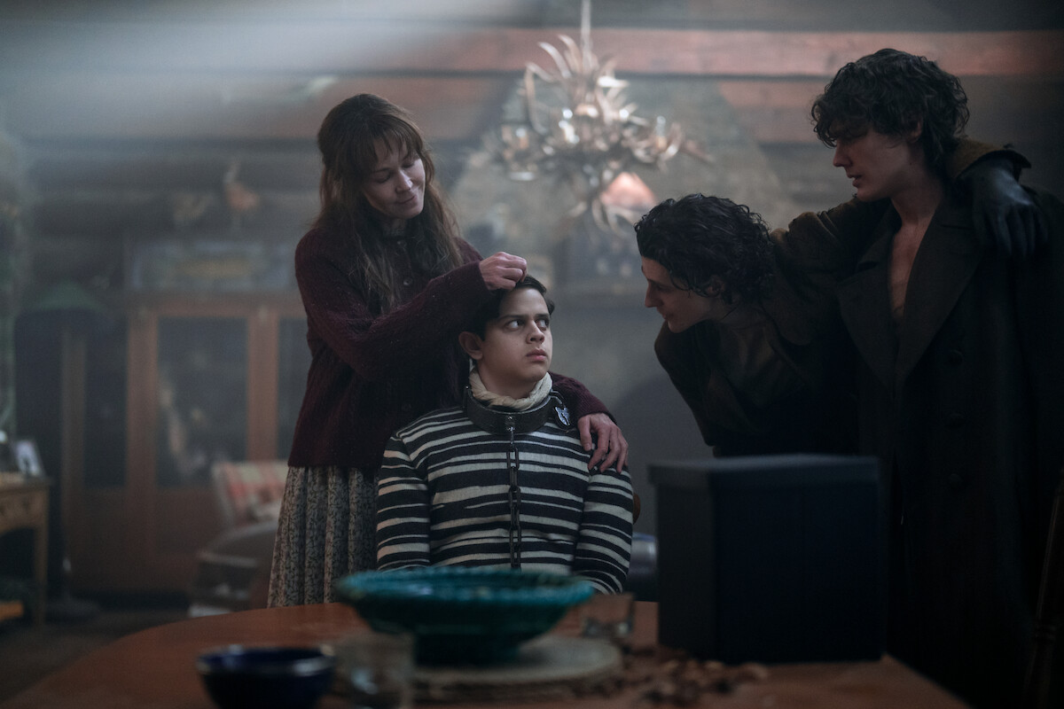 Frances O'Connor as Francoise, Isaac Ordonez as Pugsley Addams, Owen Painter as Slurp/Isaac, Hunter Doohan as Tyler in ‘Wednesday’ Season 2.