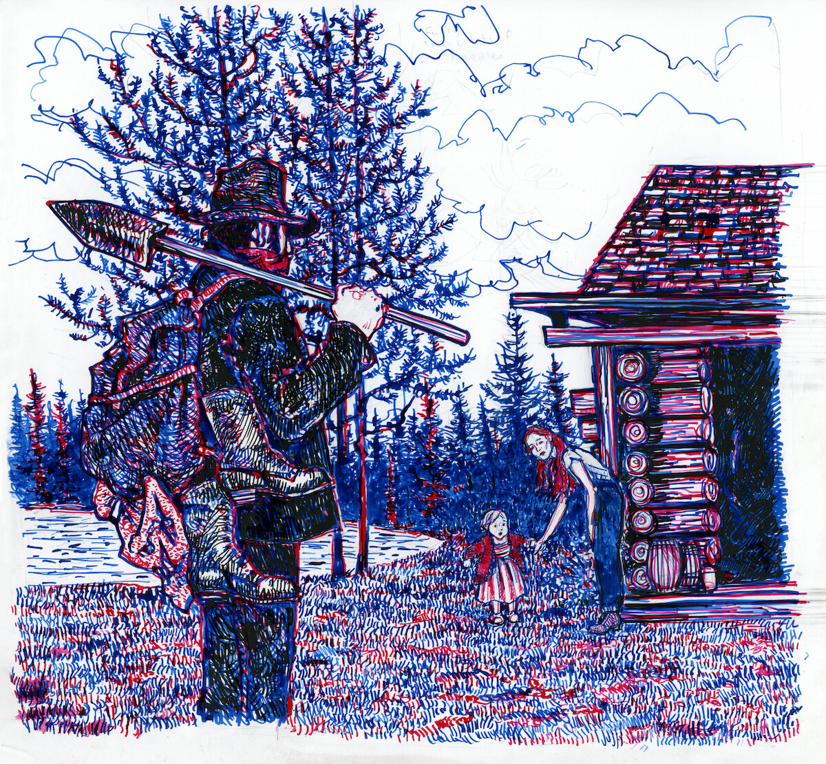 An illustration of a man holding a shovel looking back to see his wife and child in front of their home.