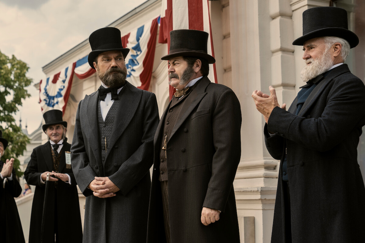 Michael Shannon as James Garfield, Nick Offerman as Chester A. Arthur, and Bradley Whitford as James Blaine in ‘Death by Lightning.’