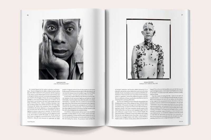 Magazine spread featuring a black-and-white close-up portrait of a person with a thoughtful expression on the left page, and a black-and-white photo of a shirtless person with objects on their torso on the right page, both with text below.