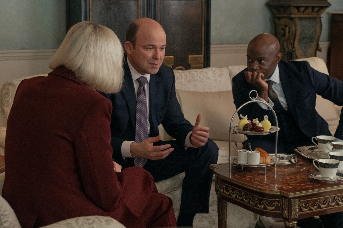 Allison Janney as Grace Penn, Rory Kinnear as Nicol Trowbridge, and David Gyasi as Austin Dennison in ‘The Diplomat’ Season 2, Episode 5.